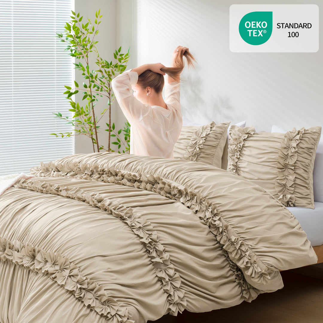 3-Piece Romantic Ruched Ruffle Duvet Cover Set, French Cottage Style Bedding