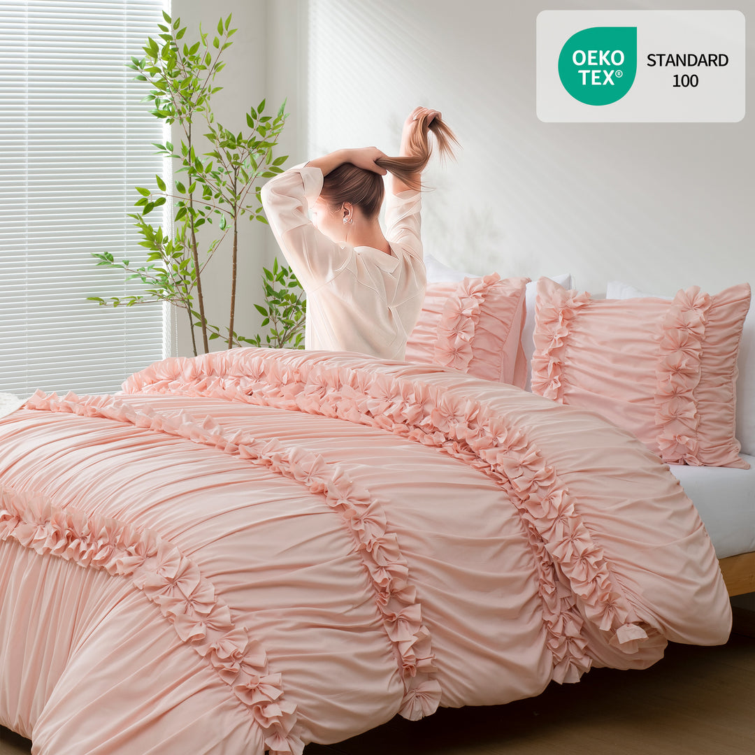 3-Piece Romantic Ruched Ruffle Duvet Cover Set, French Cottage Style Bedding