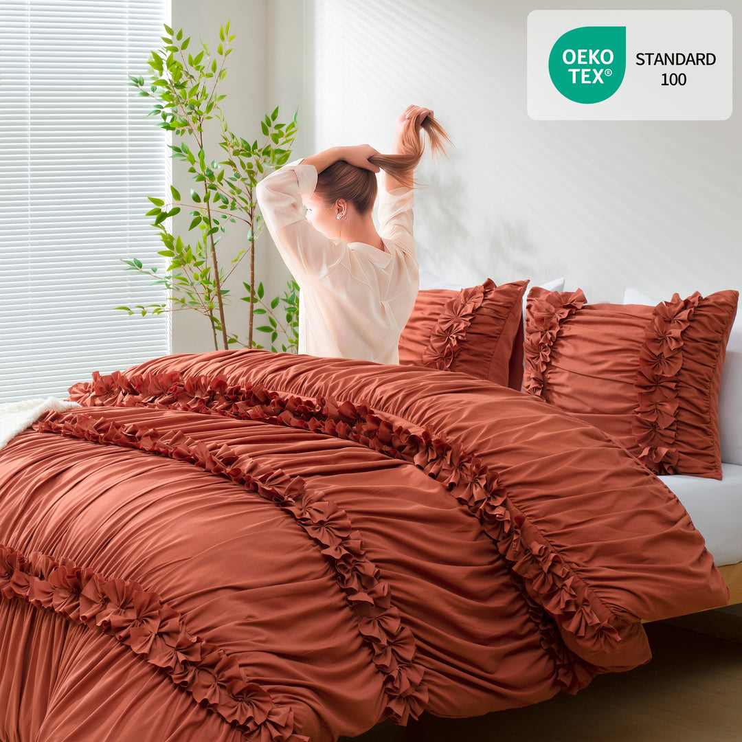 3-Piece Romantic Ruched Ruffle Duvet Cover Set, French Cottage Style Bedding