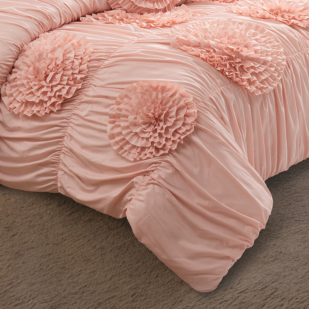 HIG 7-Piece Shabby Chic Ruched Comforter Set with 3D Floral Appliques