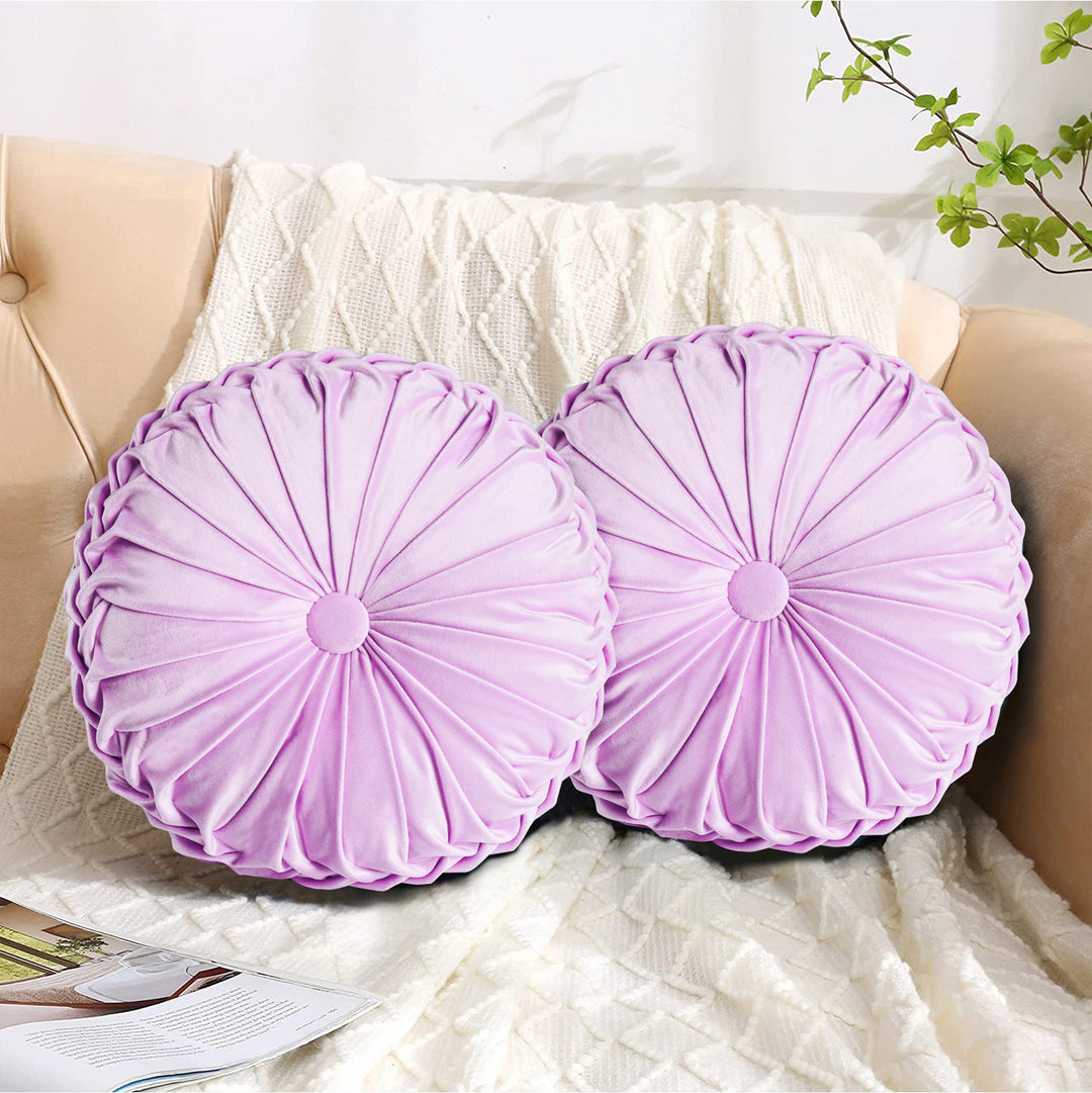 Set of 2 Decorative Velvet Round Pleated Throw Pillows,14.5" Diameter