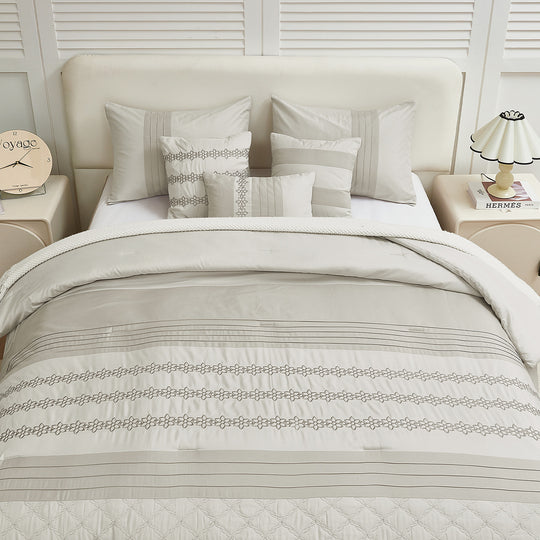 HIG 7 Piece Embroidery White Bed in a Bag, Modern and Stylish Comforter Set for Adults