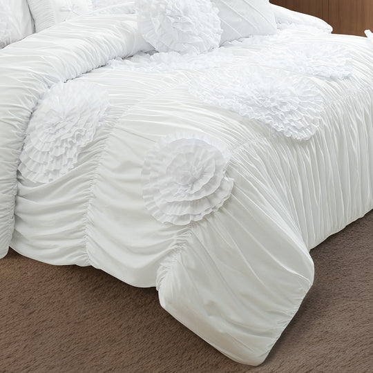 HIG 7-Piece Shabby Chic Ruched Comforter Set with 3D Floral Appliques