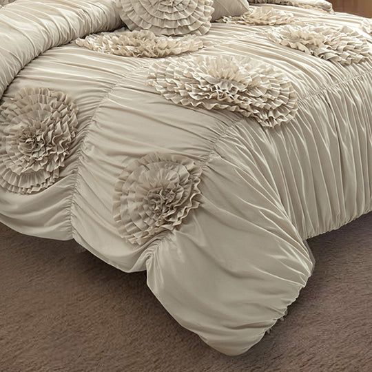 HIG 7-Piece Shabby Chic Ruched Comforter Set with 3D Floral Appliques