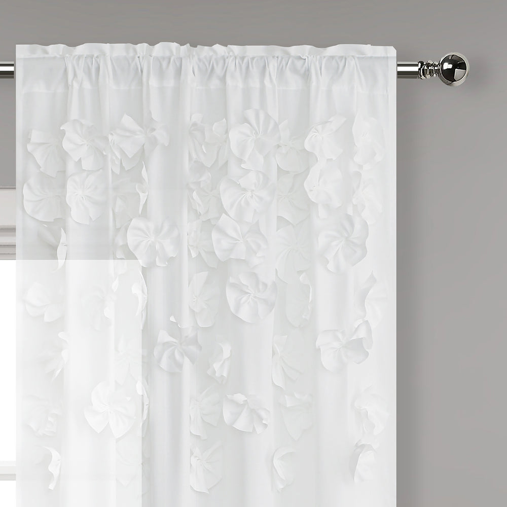 Sheer White 3D Floral Applique Window Curtains – Lightweight Rod Pocket Curtains 52" x 84" (Two Panels)
