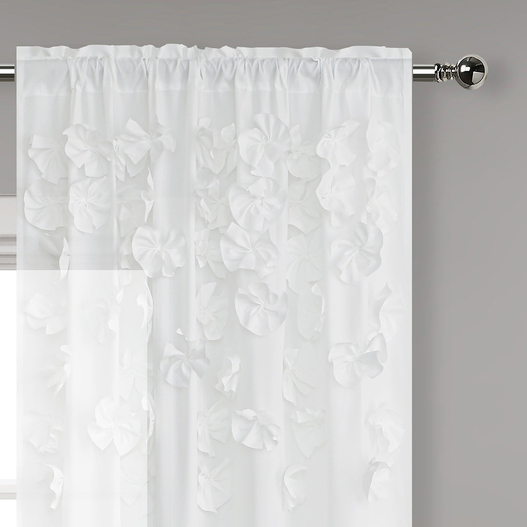 Sheer White 3D Floral Applique Window Curtains – Lightweight Rod Pocket Curtains 52" x 84" (Two Panels)
