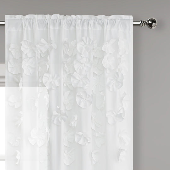 Sheer White 3D Floral Applique Window Curtains – Lightweight Rod Pocket Curtains 52" x 84" (Two Panels)