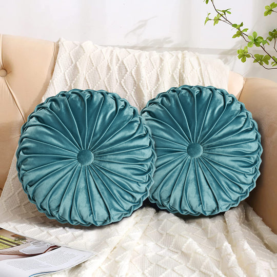 HIG Set of 2 Pumpkin Pleated Round Throw Pillows, Soft Velvet, 14.5" Diameter