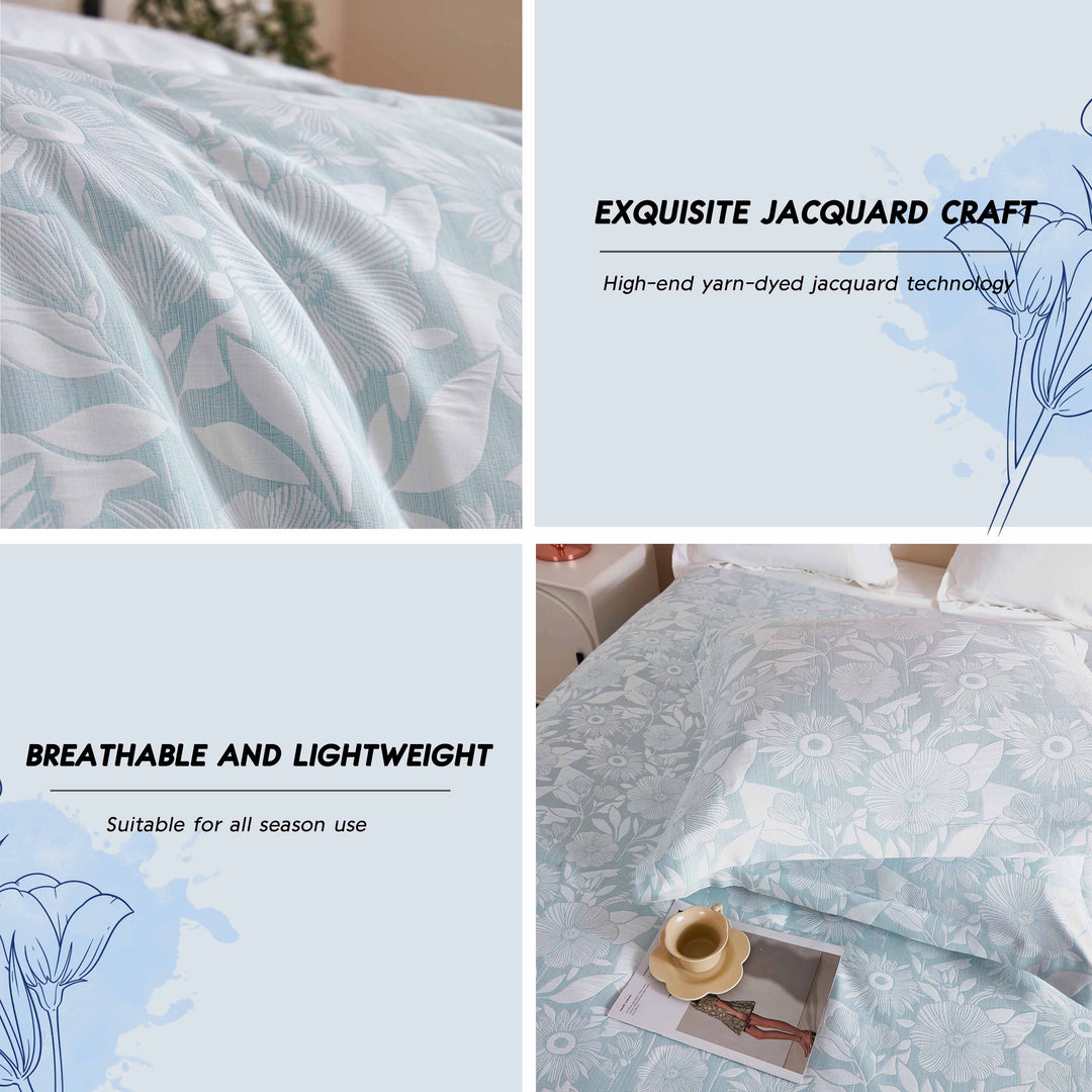 HIG 7pc Floral Jacquard Bed in a Bag Light Blue Botanical Comforters with Flat Sheet, Fitted Sheet and Shams