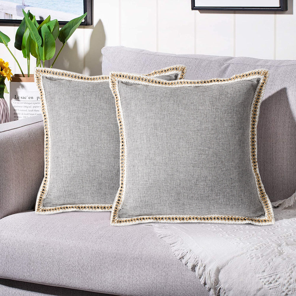 2 Piece Farmhouse Burlap Trimmed Decorative Pillow Covers with Floral Linen Lace Edge
