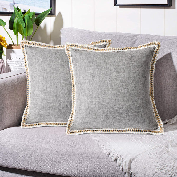 2 Piece Farmhouse Burlap Trimmed Decorative Pillow Covers with Floral Linen Lace Edge