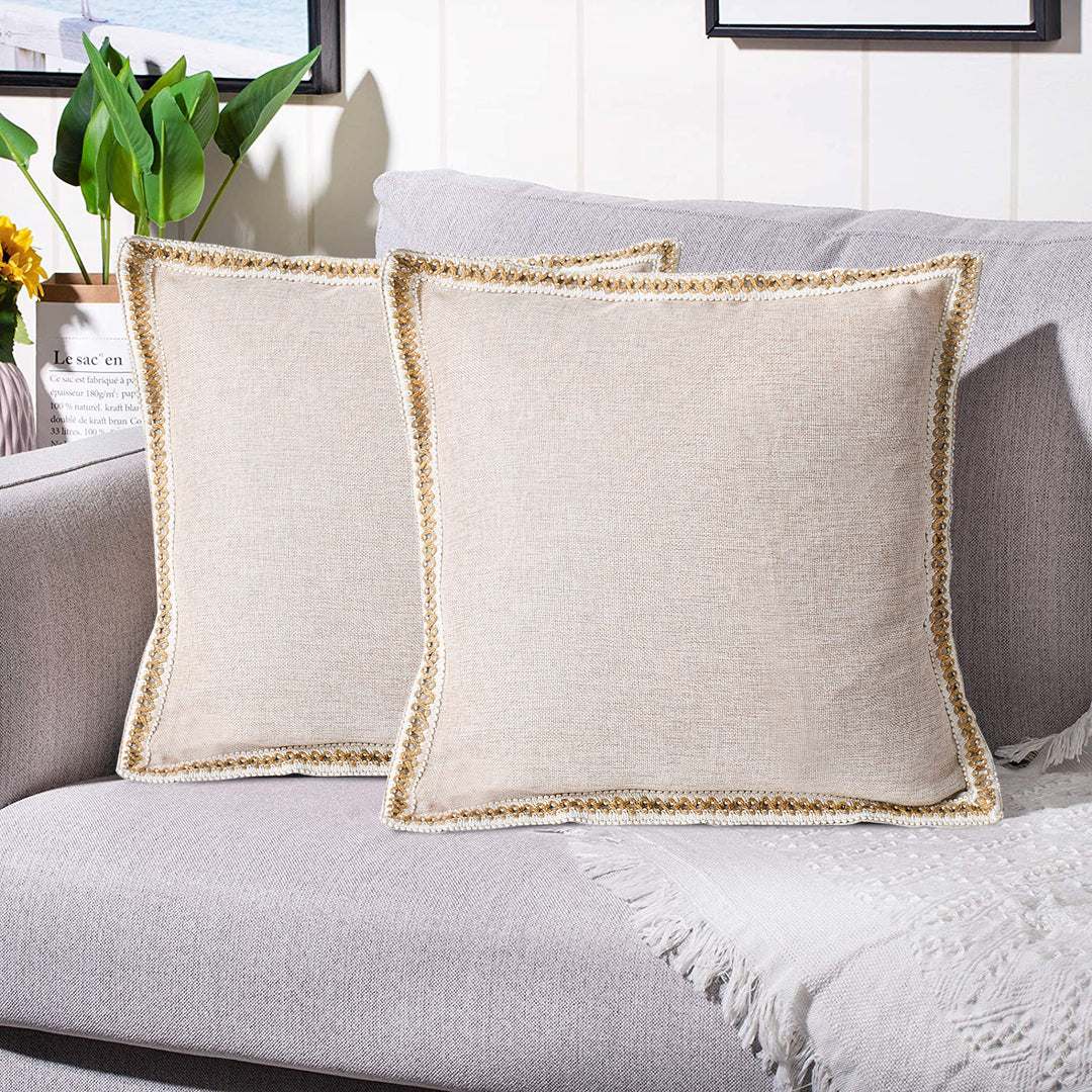 2 Piece Farmhouse Burlap Trimmed Decorative Pillow Covers with Floral Linen Lace Edge