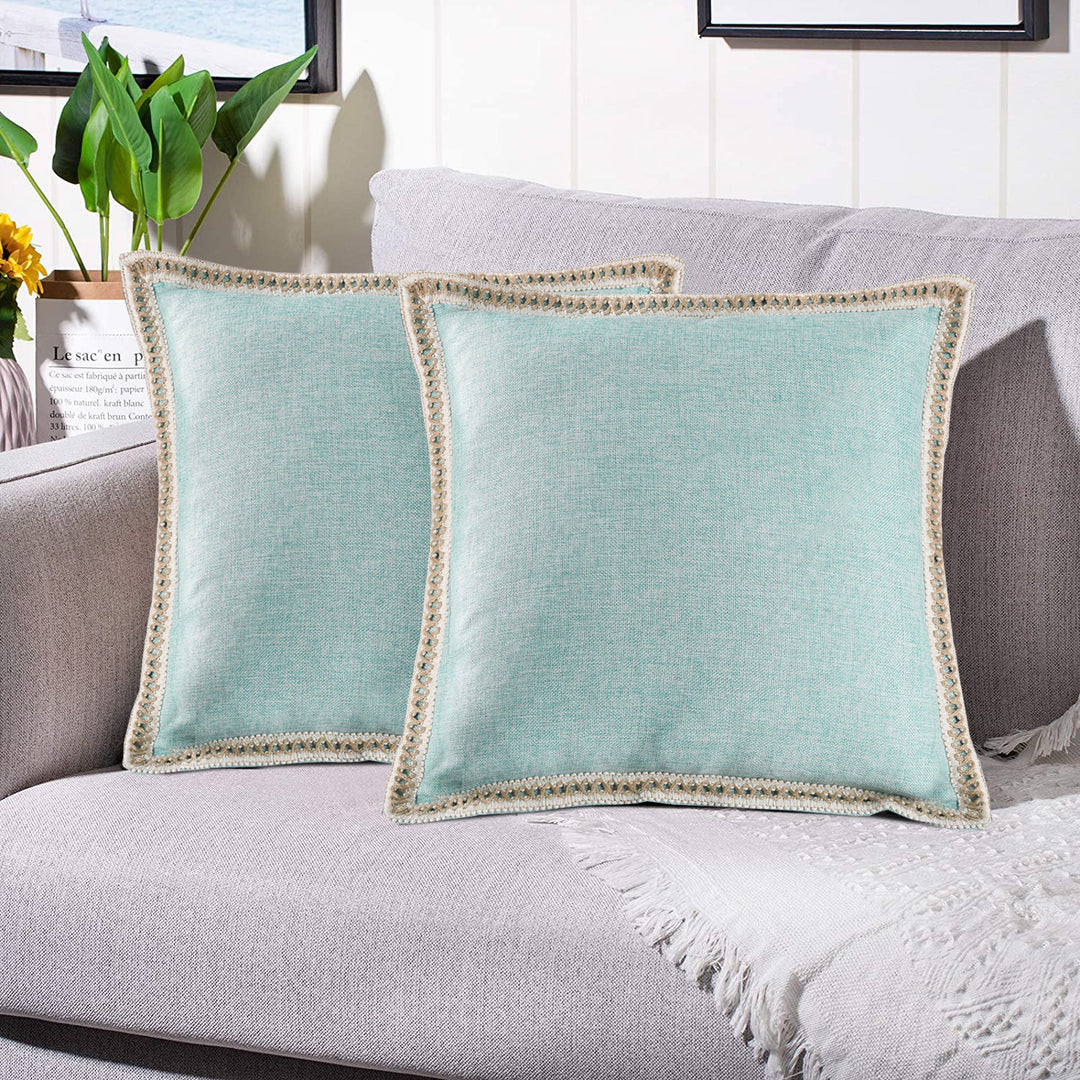 2 Piece Farmhouse Burlap Trimmed Decorative Pillow Covers with Floral Linen Lace Edge