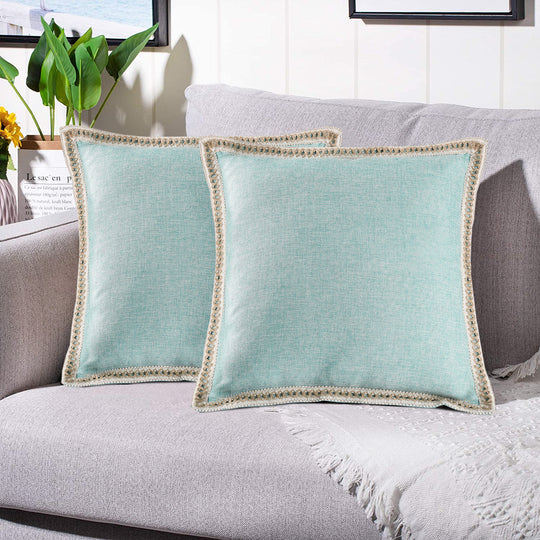 2 Piece Farmhouse Burlap Trimmed Decorative Pillow Covers with Floral Linen Lace Edge