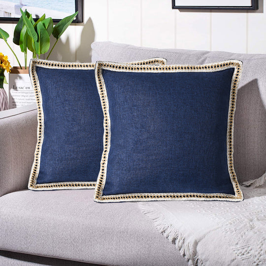 2 Piece Farmhouse Burlap Trimmed Decorative Pillow Covers with Floral Linen Lace Edge