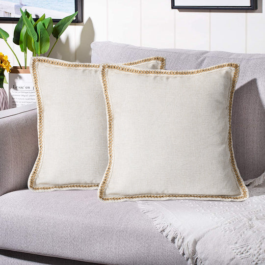 2 Piece Farmhouse Burlap Trimmed Decorative Pillow Covers with Floral Linen Lace Edge