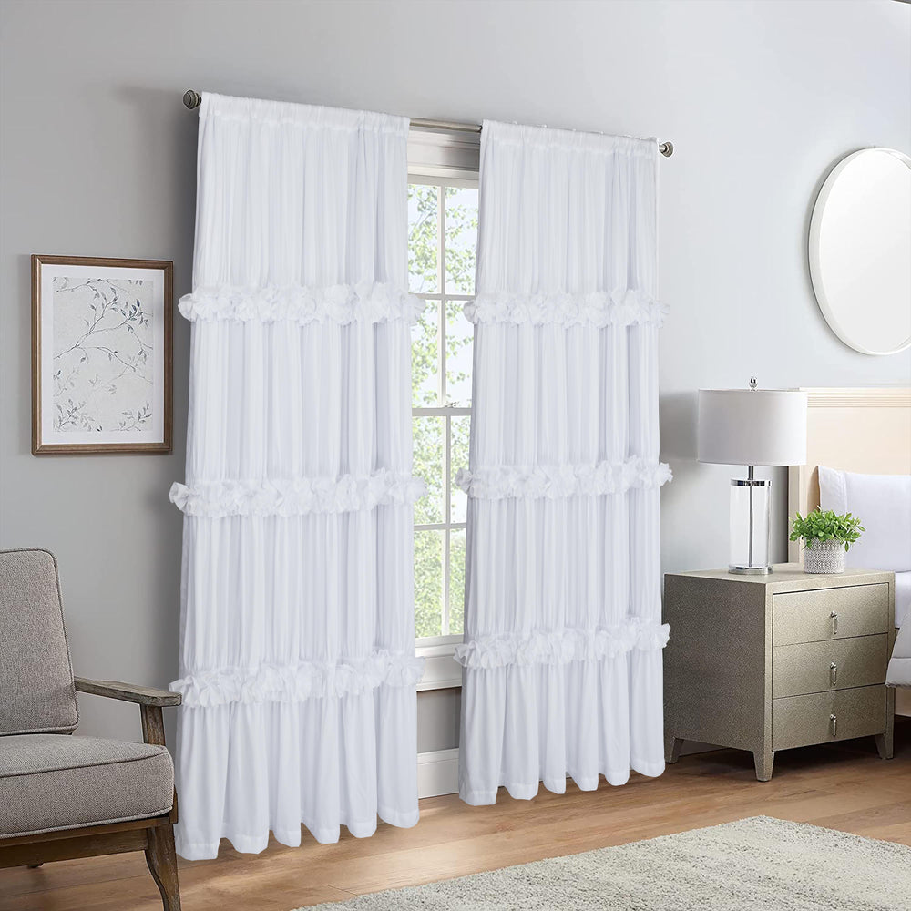 HIG Farmhouse Ruffle Window Curtains with Blackout Liner Handmade Bow Ties Drapes 2 Panels Set, 54"W x 84"L