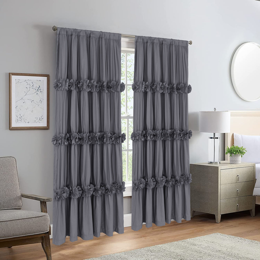 HIG Farmhouse Ruffle Window Curtains with Blackout Liner Handmade Bow Ties Drapes 2 Panels Set, 54"W x 84"L