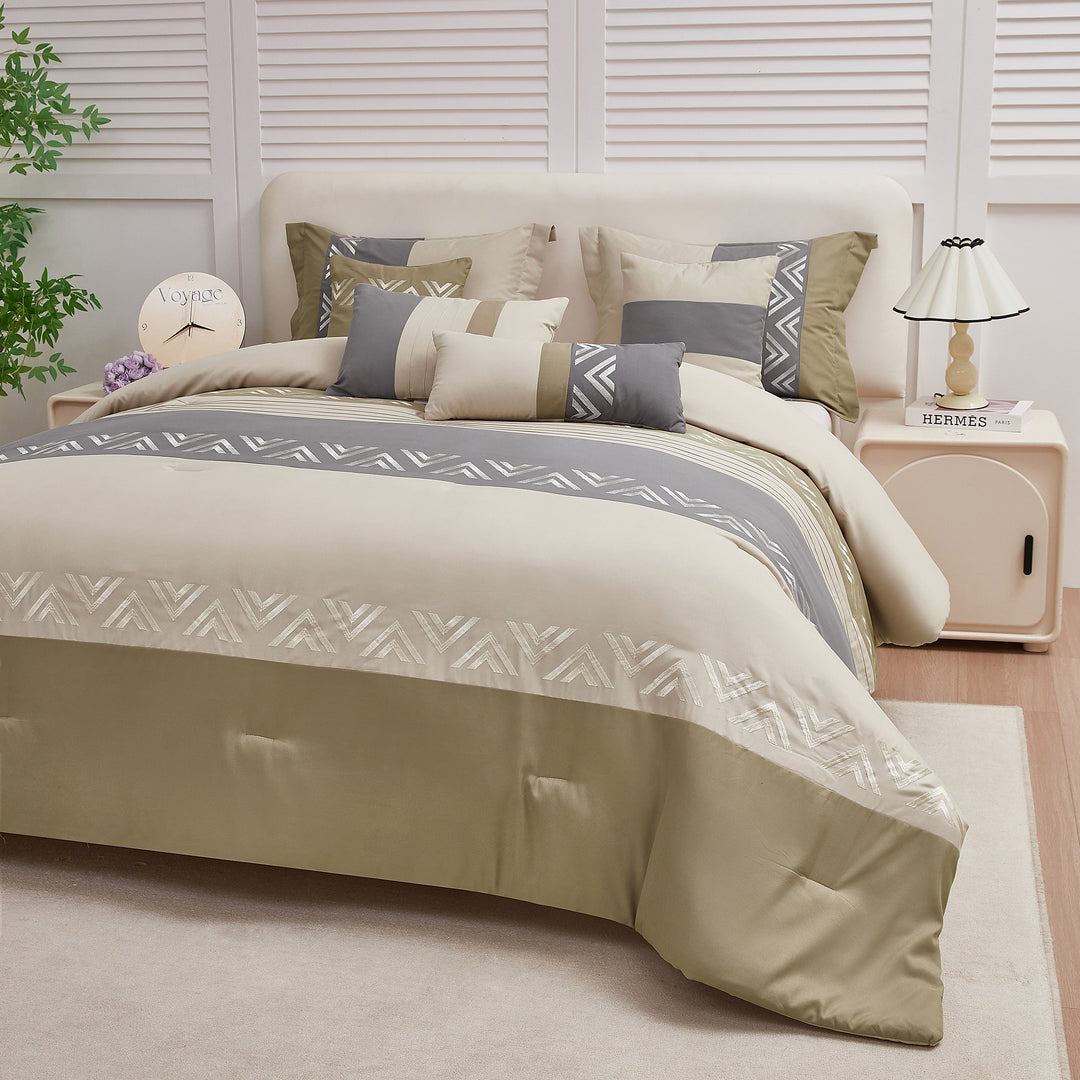 HIG 7 Piece Embroidery Design Bed-in-a-Bag, Taupe Queen Size Ultra Soft Comforter Set for Adults