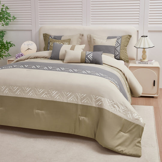 HIG 7 Piece Embroidery Design Bed-in-a-Bag, Taupe Queen Size Ultra Soft Comforter Set for Adults