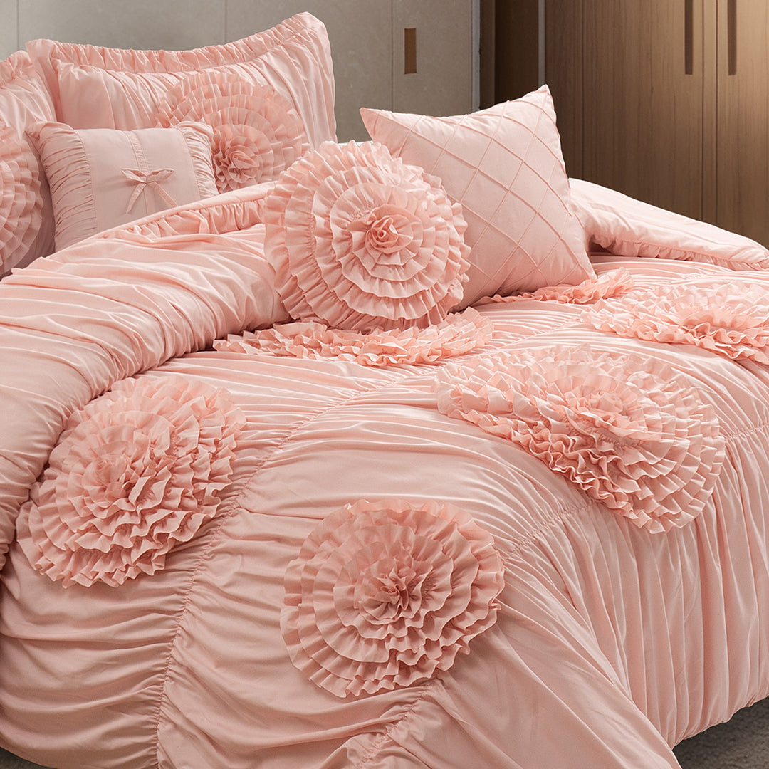 HIG 7-Piece Shabby Chic Ruched Comforter Set with 3D Floral Appliques