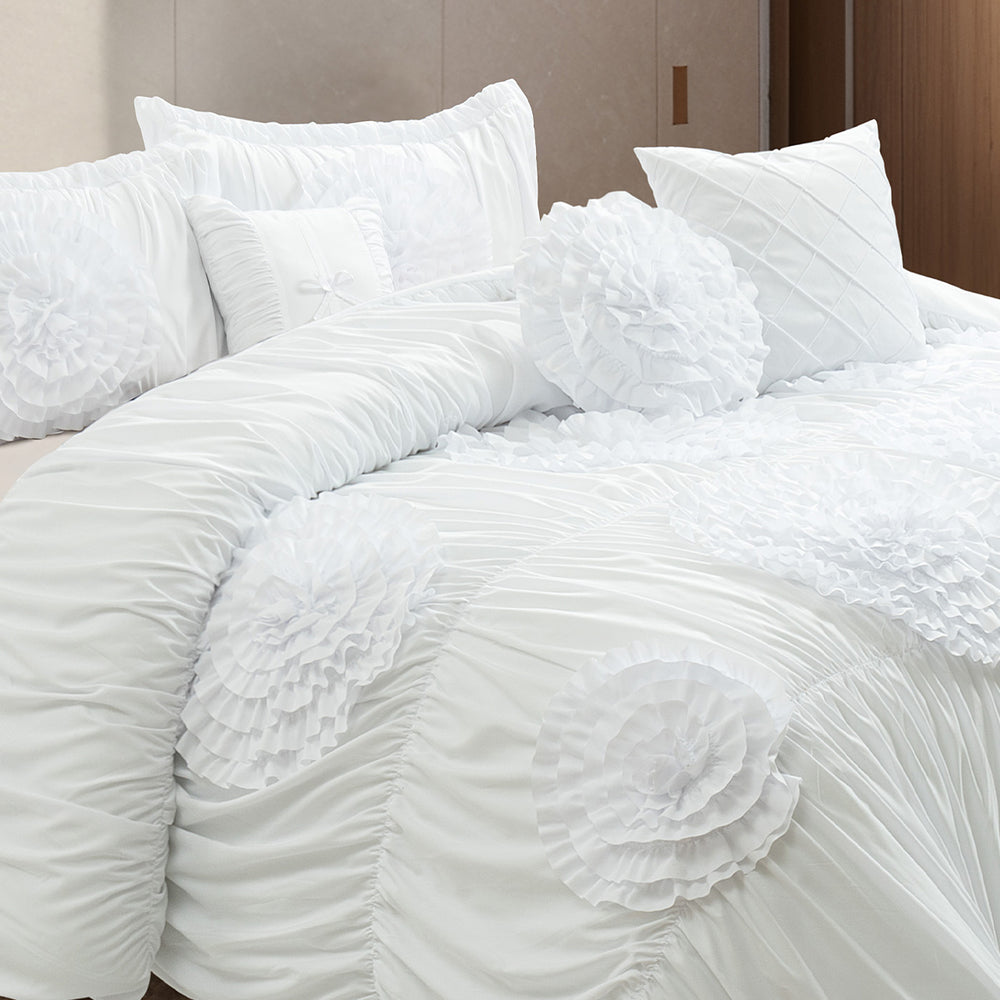 HIG 7-Piece Shabby Chic Ruched Comforter Set with 3D Floral Appliques