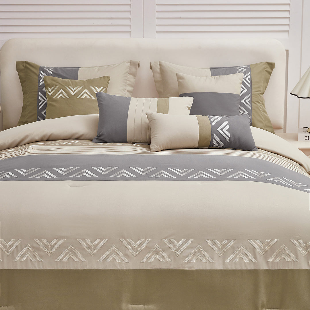 HIG 7 Piece Embroidery Design Bed-in-a-Bag, Taupe Queen Size Ultra Soft Comforter Set for Adults