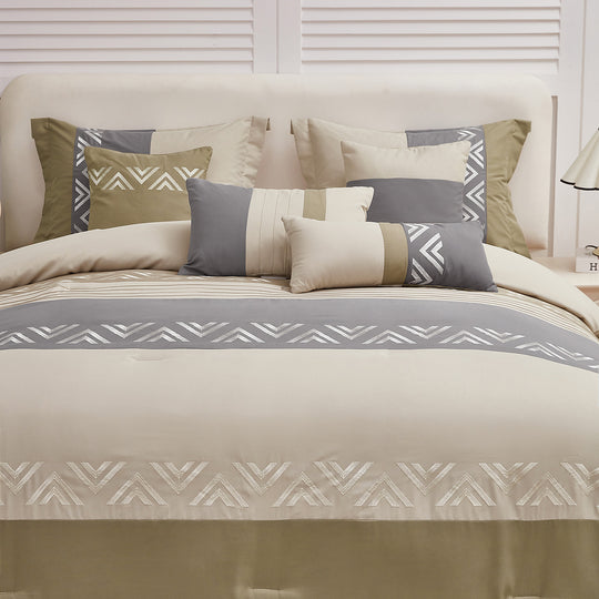 HIG 7 Piece Embroidery Design Bed-in-a-Bag, Taupe Queen Size Ultra Soft Comforter Set for Adults