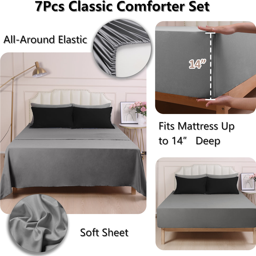 HIG 7 Piece Reversible Comforter Set - Black Quilted Down Alternative Bedding All Season Super Soft Microfiber Bed in a Bag Includes Sheets Pillowcases Shams