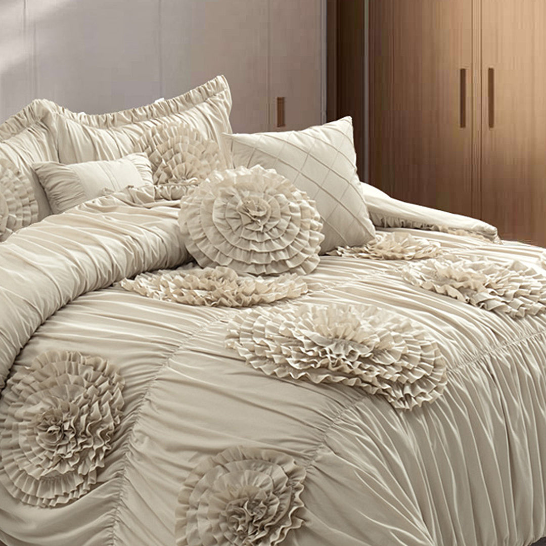 HIG 7-Piece Shabby Chic Ruched Comforter Set with 3D Floral Appliques