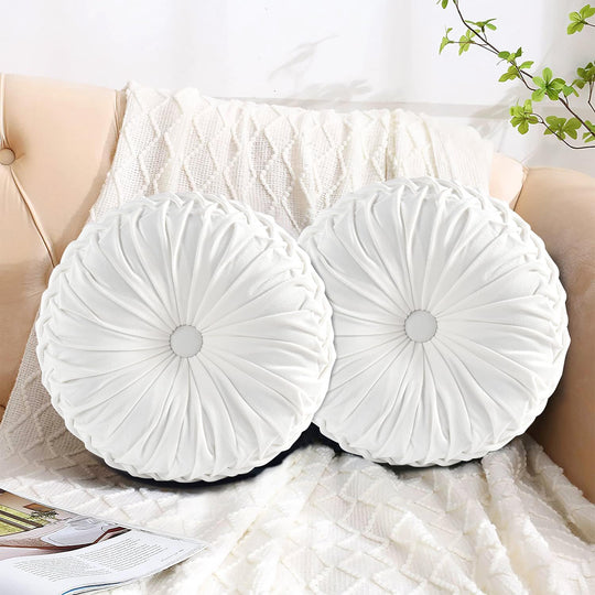 Set of 2 Decorative Velvet Round Pleated Throw Pillows,14.5" Diameter