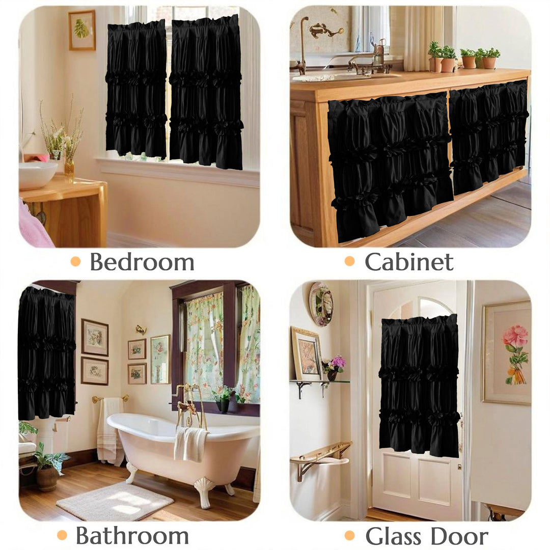 Ruffled Floral Applique Tier Curtains – Brushed Fabric Decorative Kitchen Curtains (Set of 2)