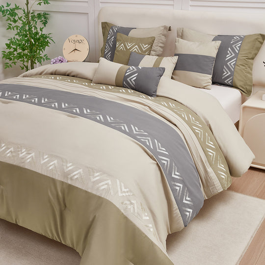 HIG 7 Piece Embroidery Design Bed-in-a-Bag, Taupe Queen Size Ultra Soft Comforter Set for Adults