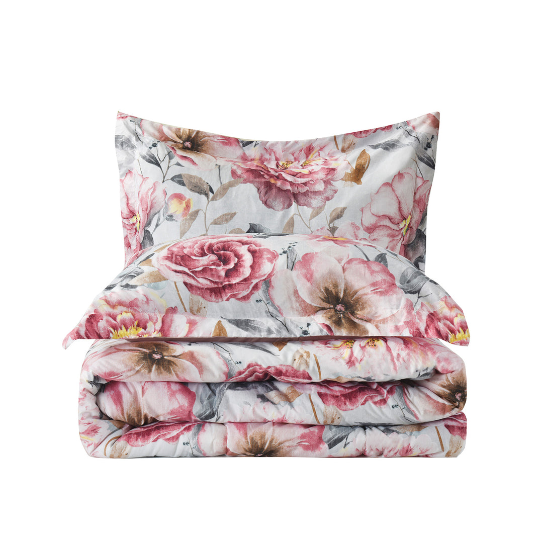HIG 3 Pieces Botanical Floral Printed Comforter Set with Peony Flowers and Leaves, King