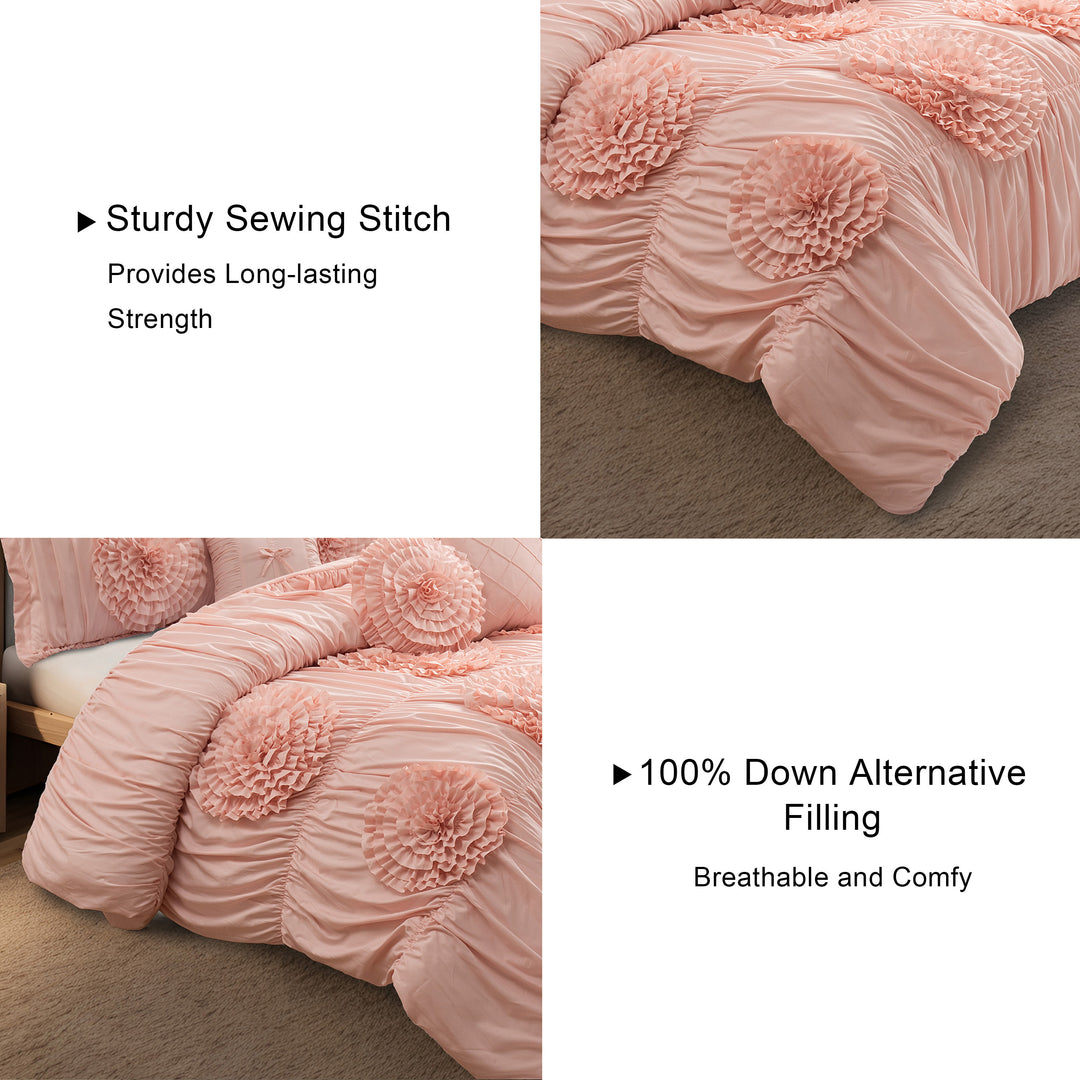 HIG 7-Piece Shabby Chic Ruched Comforter Set with 3D Floral Appliques