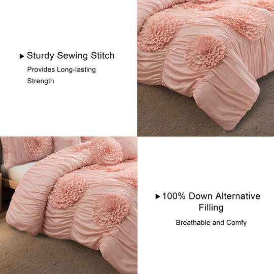 HIG 7-Piece Shabby Chic Ruched Comforter Set with 3D Floral Appliques