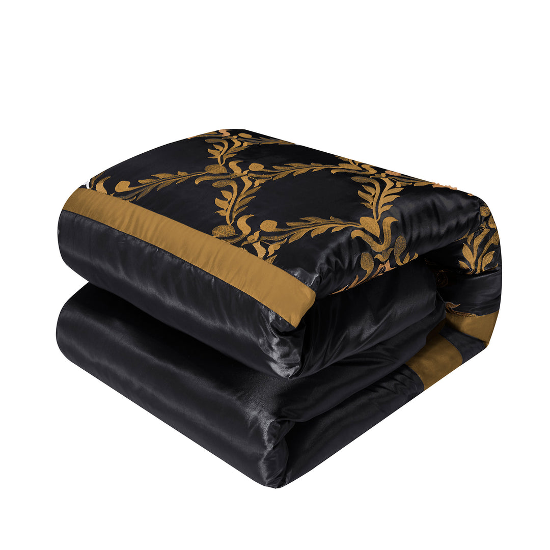 Luxury Black & Gold Embroidered Comforter Set – Elegant Brushed Bedding with Bedskirt for Queen/King