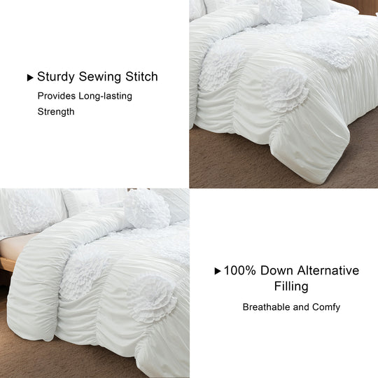 HIG 7-Piece Shabby Chic Ruched Comforter Set with 3D Floral Appliques
