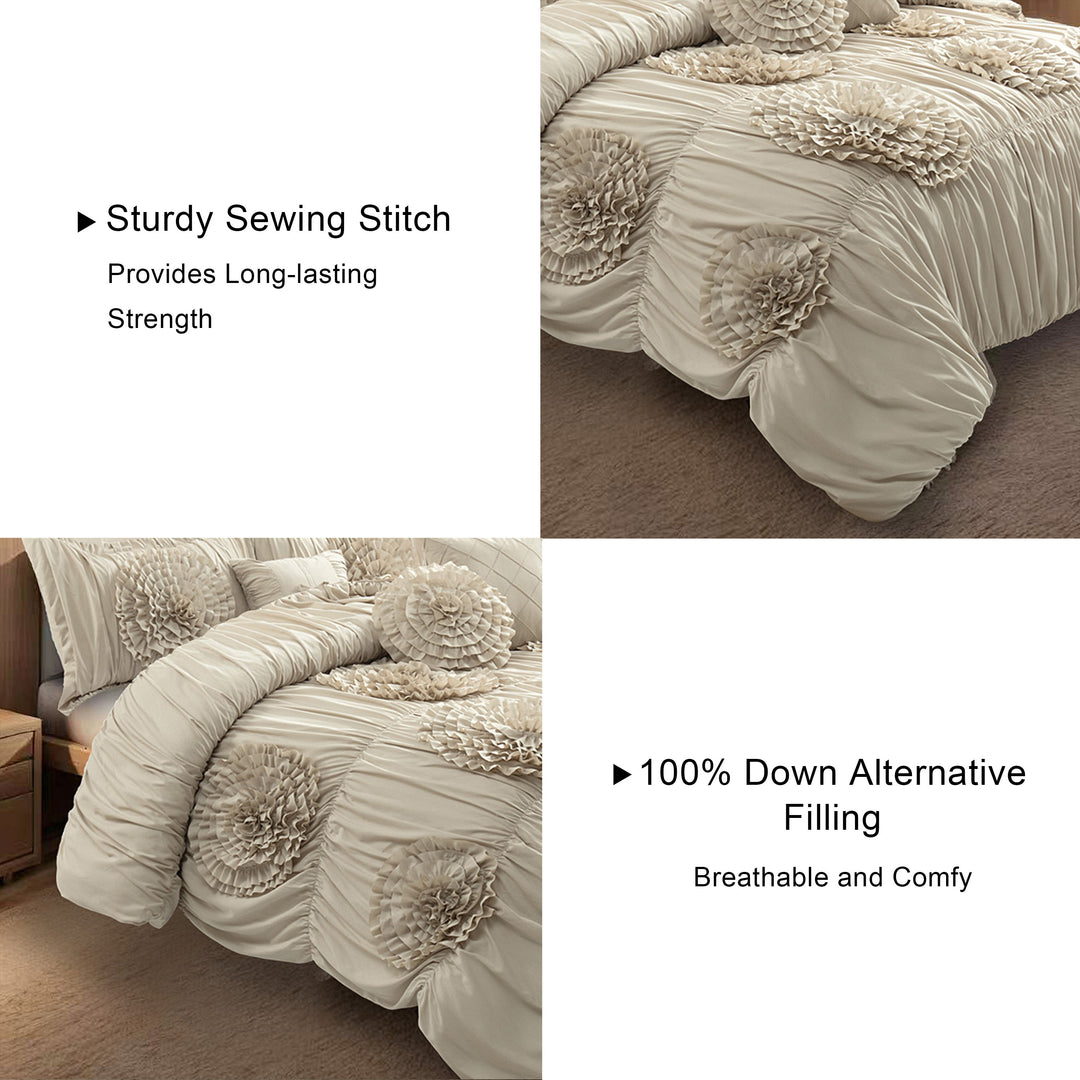 HIG 7-Piece Shabby Chic Ruched Comforter Set with 3D Floral Appliques