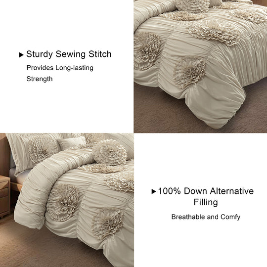 HIG 7-Piece Shabby Chic Ruched Comforter Set with 3D Floral Appliques