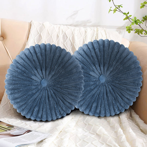 14" Round Pleated Velvet Throw Pillow Set of 2 – Decorative Sunburst Cushions (Multiple Colors Available)