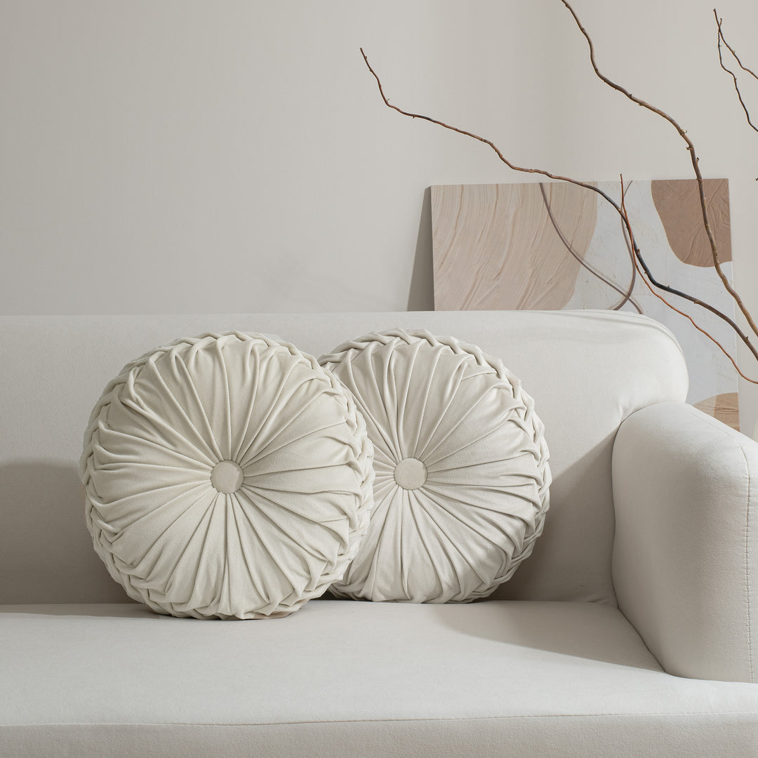 Set of 2 Decorative Velvet Round Pleated Throw Pillows,14.5" Diameter