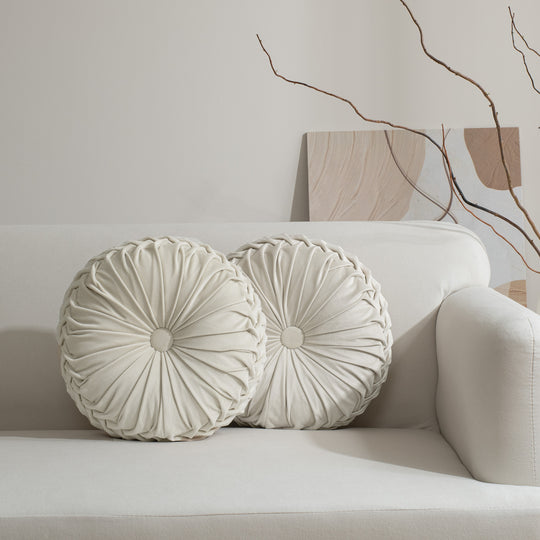 Set of 2 Decorative Velvet Round Pleated Throw Pillows,14.5" Diameter