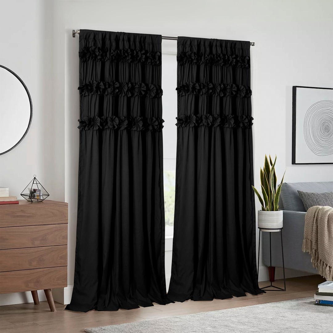 Ruffled Floral Applique Window Curtains – Rod Pocket Decorative Curtains (Set of 2, Multiple Sizes & Colors)