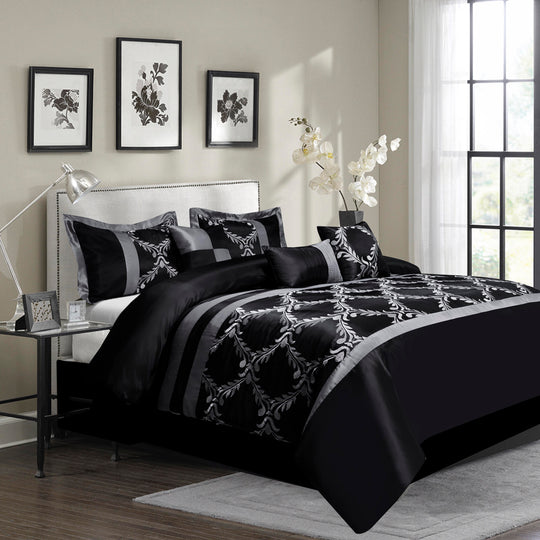 HIG 7 Piece Faux Silk Fabric Embroideried Bedding Set