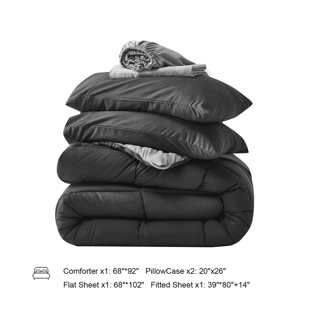 Dark gray 5-piece Twin XL comforter set with sheets. Includes comforter, 2 pillowcases, flat sheet, fitted sheet. #color_gray