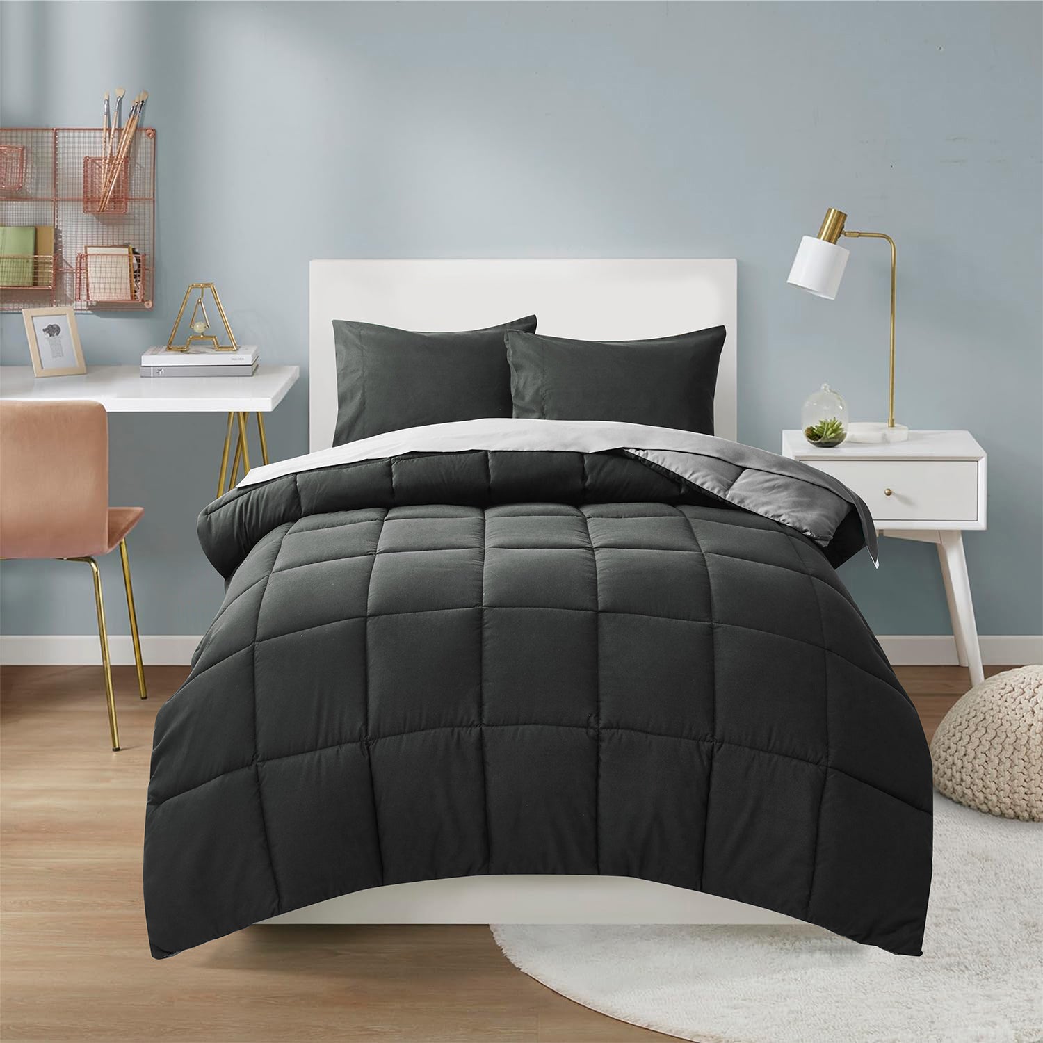 Dark gray reversible comforter set for Twin XL bed, featuring cozy microfiber and box stitching. #color_gray
