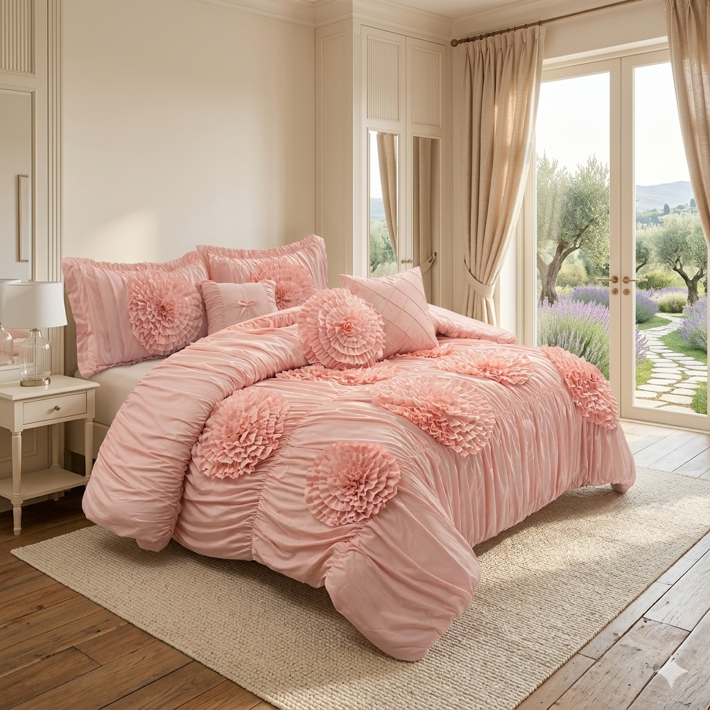 HIG 7-Piece Shabby Chic Ruched Comforter Set with 3D Floral Appliques