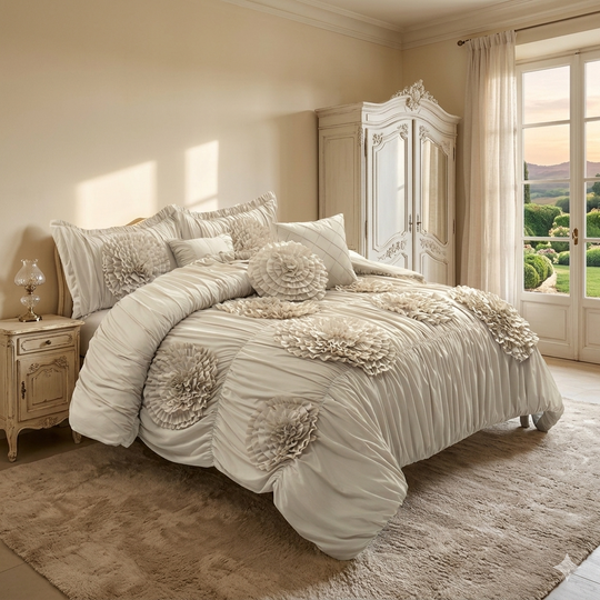 HIG 7-Piece Shabby Chic Ruched Comforter Set with 3D Floral Appliques