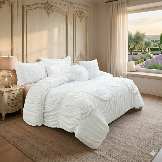 HIG 7-Piece Shabby Chic Ruched Comforter Set with 3D Floral Appliques